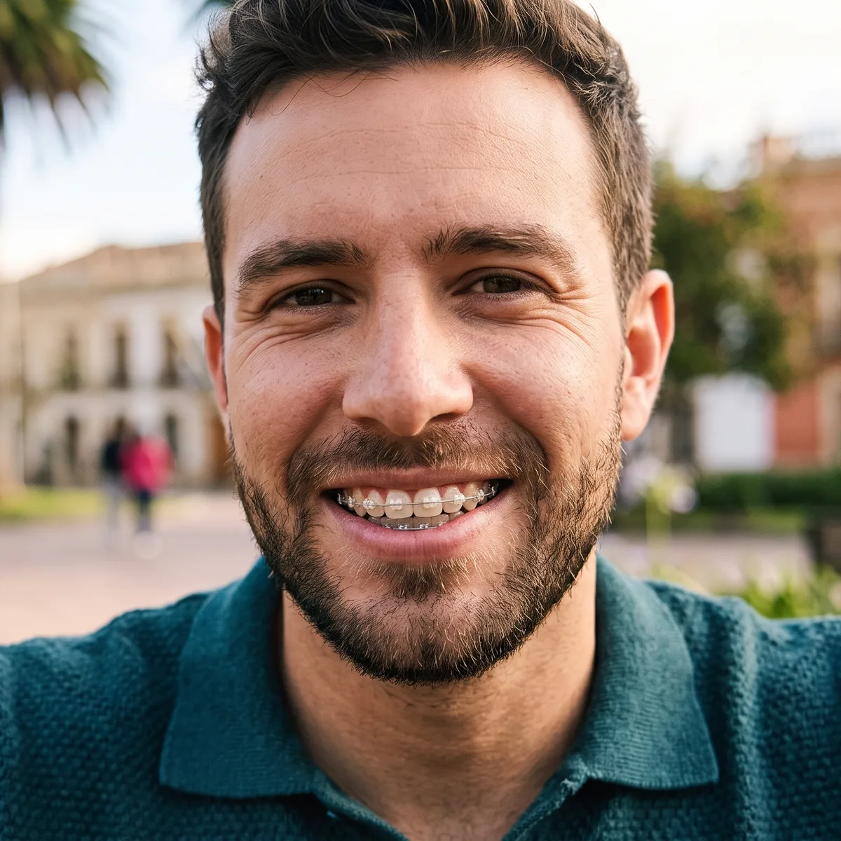 Hombre sonriendo con brackets transparentes casi invisibles